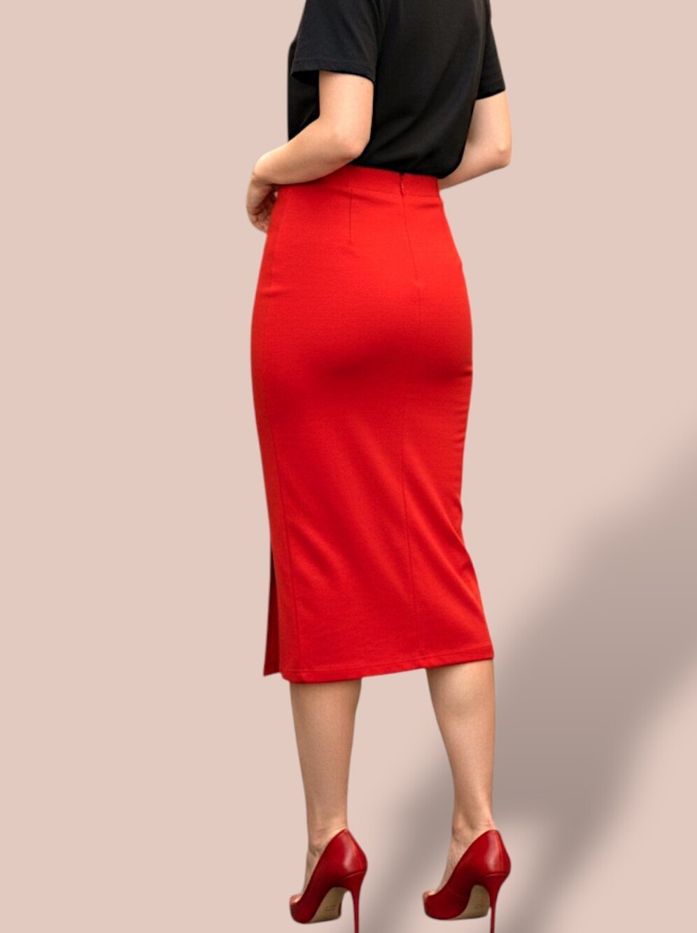 👠Forever 21 Red Pull-on Midi Skirt with Side Slit - Picture 3 of 9